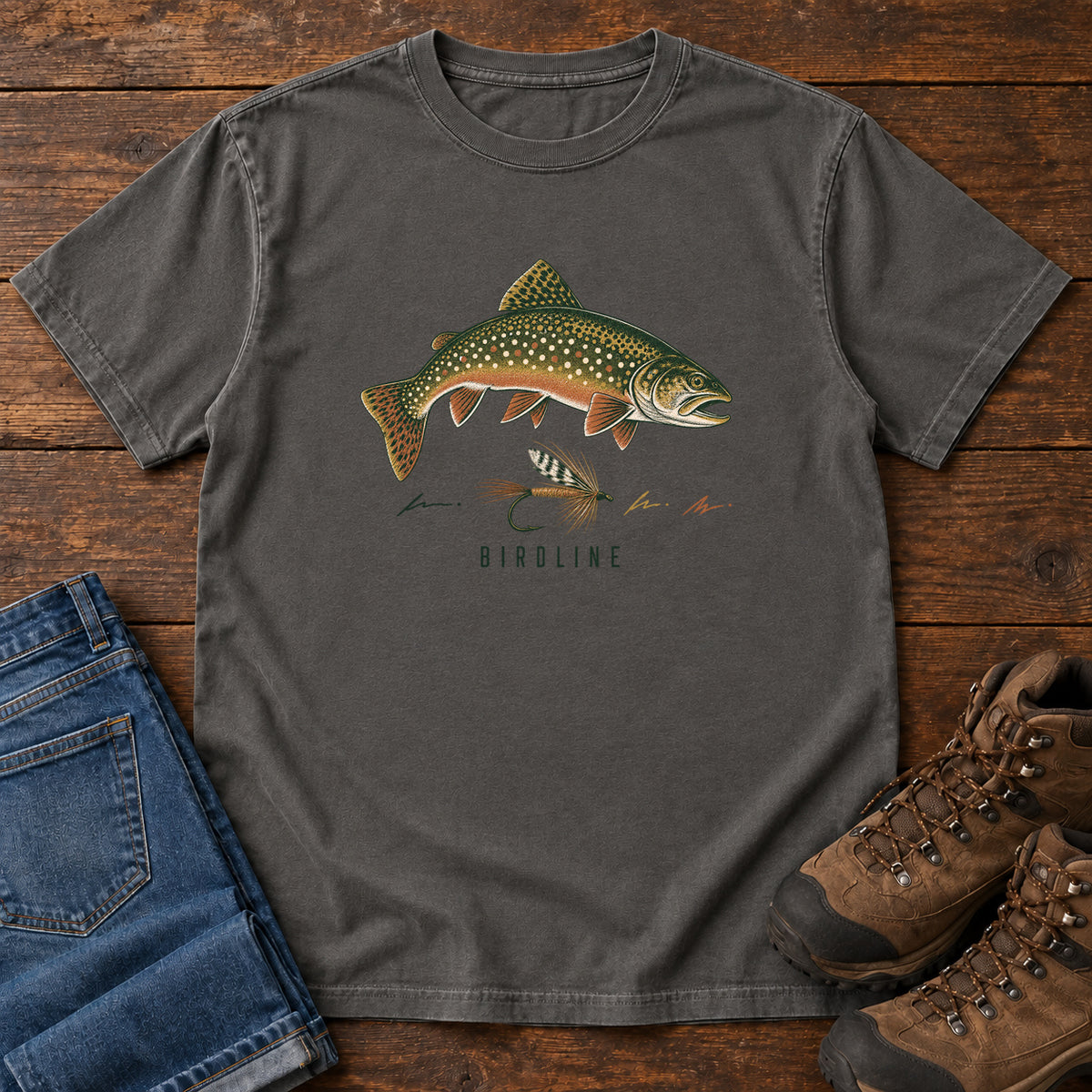 Trout and Fly T-Shirt in Pepper, front view