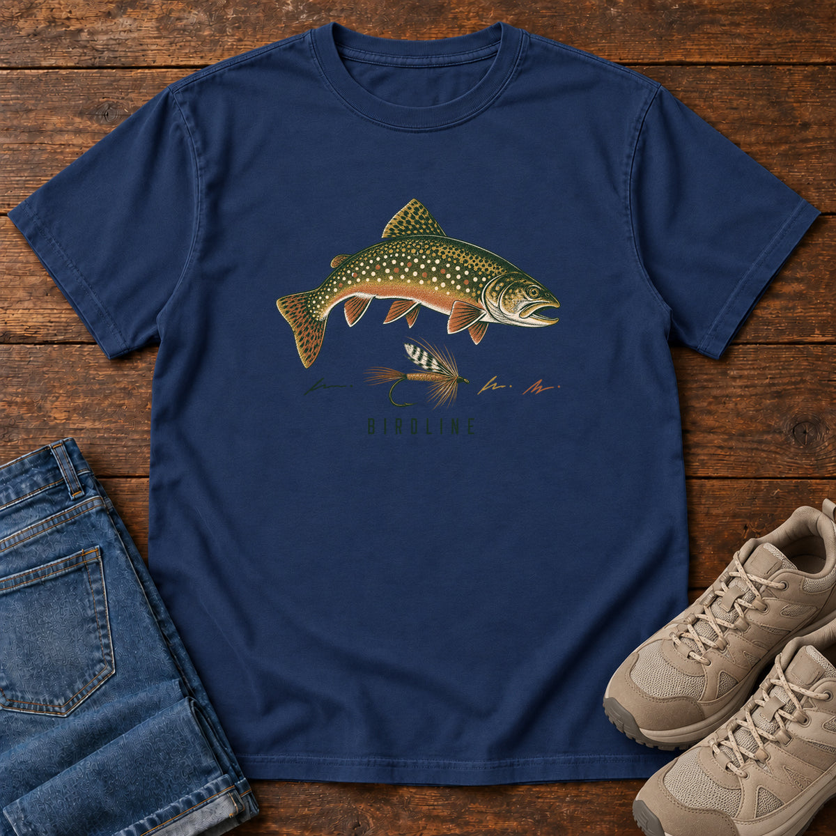 Trout and Fly T-Shirt in True Navy, front view