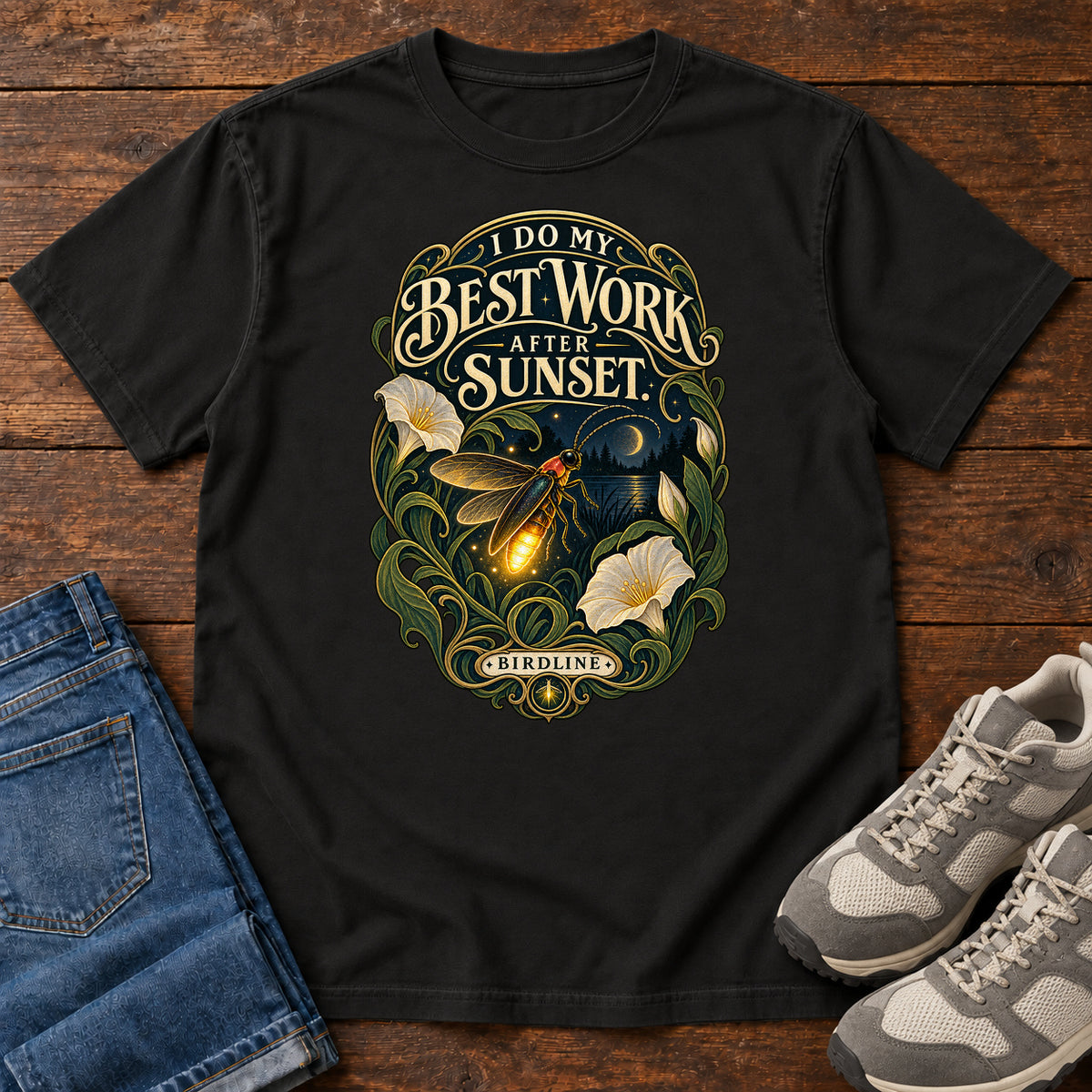 I Do My Best Work After Sunset Firefly T-Shirt in Black