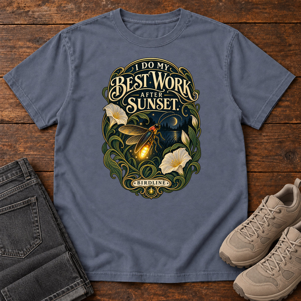 I Do My Best Work After Sunset Firefly T-Shirt in Denim