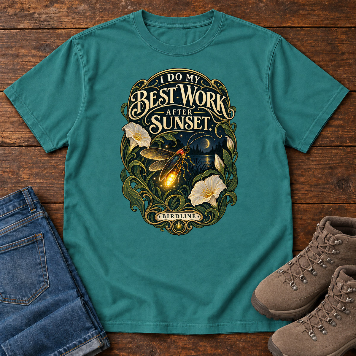 I Do My Best Work After Sunset Firefly T-Shirt in Emerald