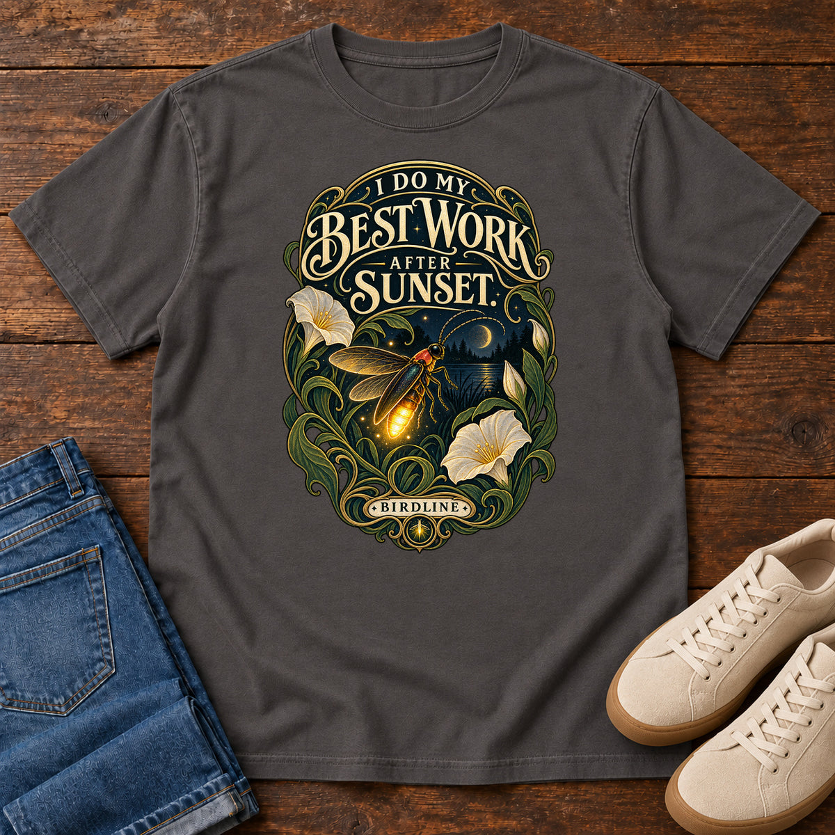 I Do My Best Work After Sunset Firefly T-Shirt in Graphite