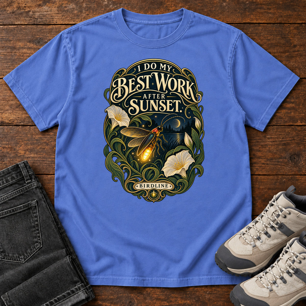 I Do My Best Work After Sunset Firefly T-Shirt in Mystic Blue