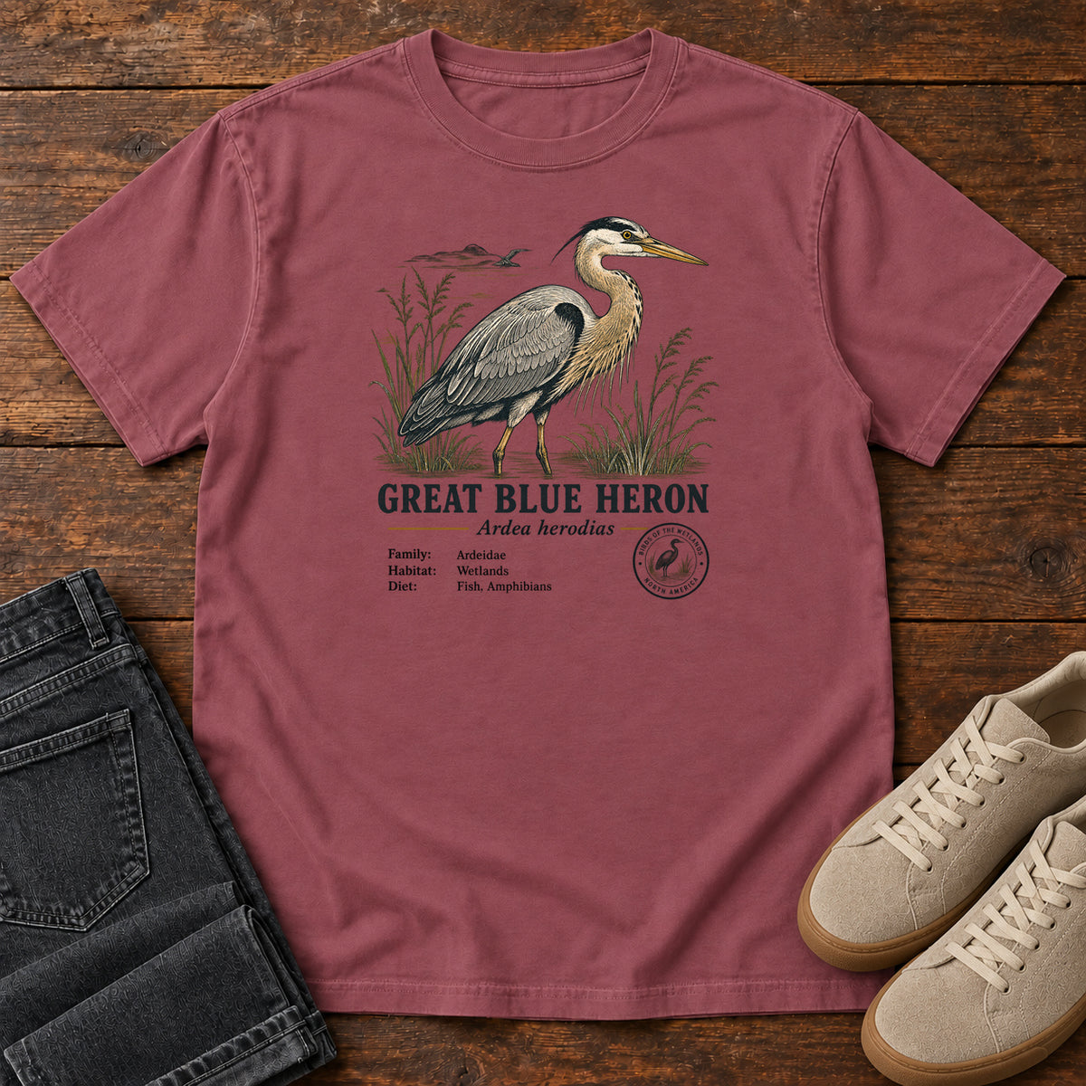 Great Blue Heron Field Guide T-Shirt in Brick