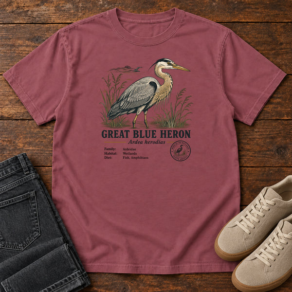 Great Blue Heron Field Guide T-Shirt in Brick, front view