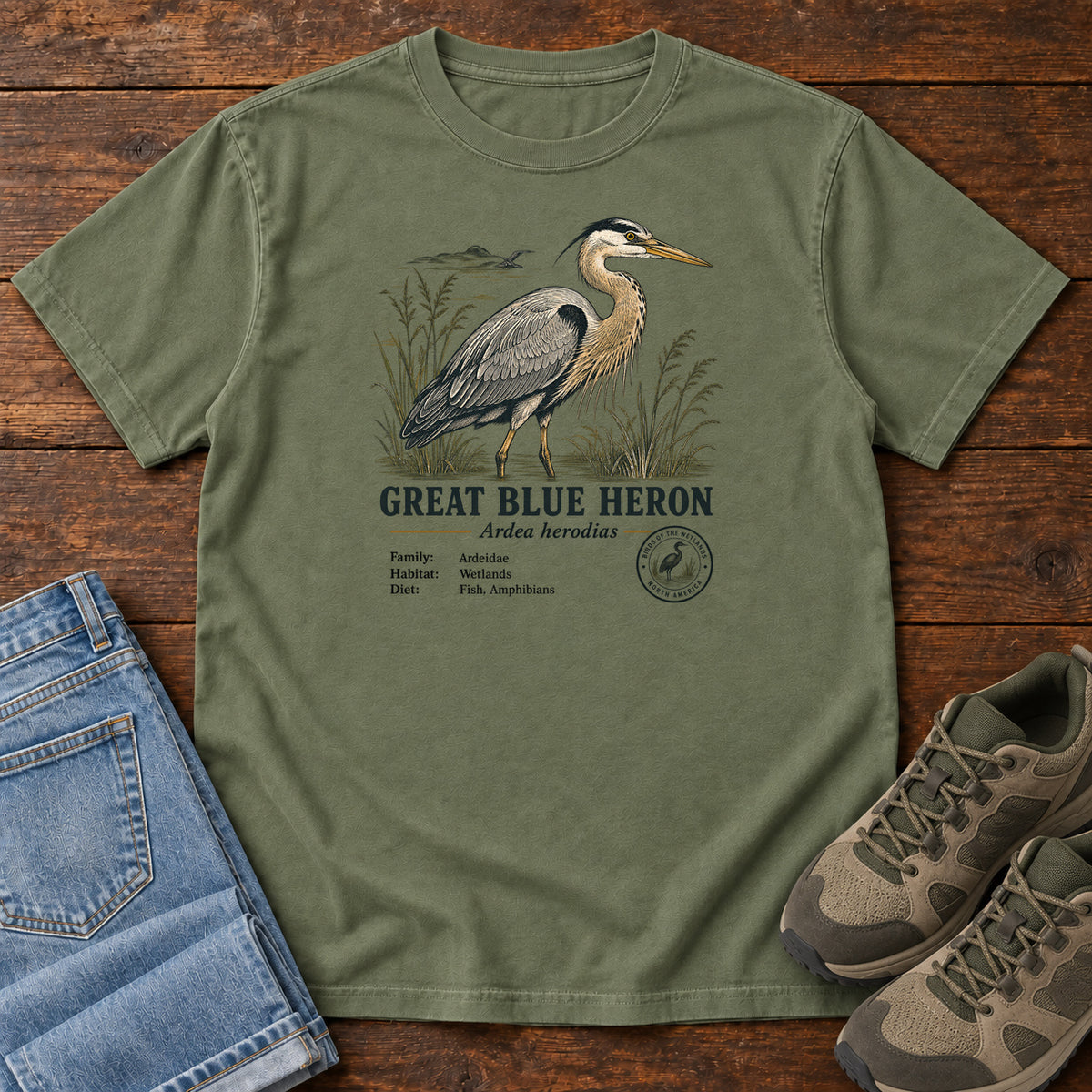 Great Blue Heron Field Guide T-Shirt in Moss