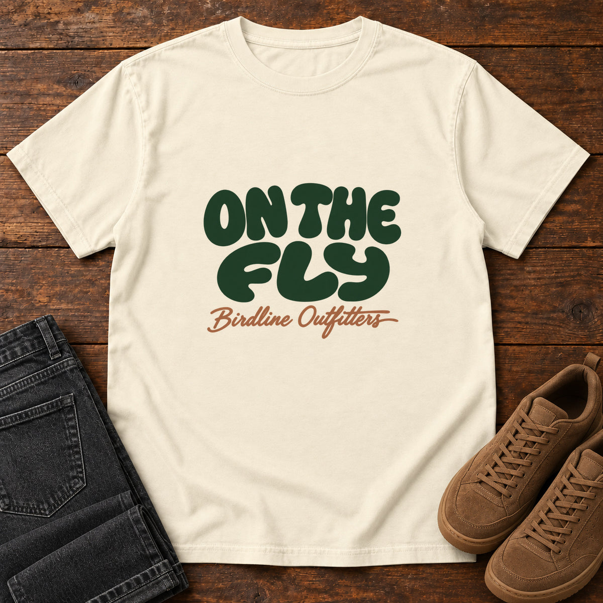 Ivory On the Fly T-shirt with rounded dark green On the Fly lettering above rust-orange Birdline Outfitters script, front flat lay on wood.