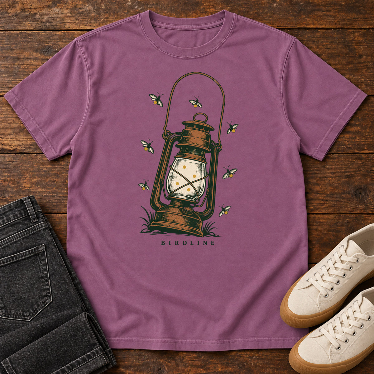 Lantern and Fireflies T-Shirt in Berry, front view