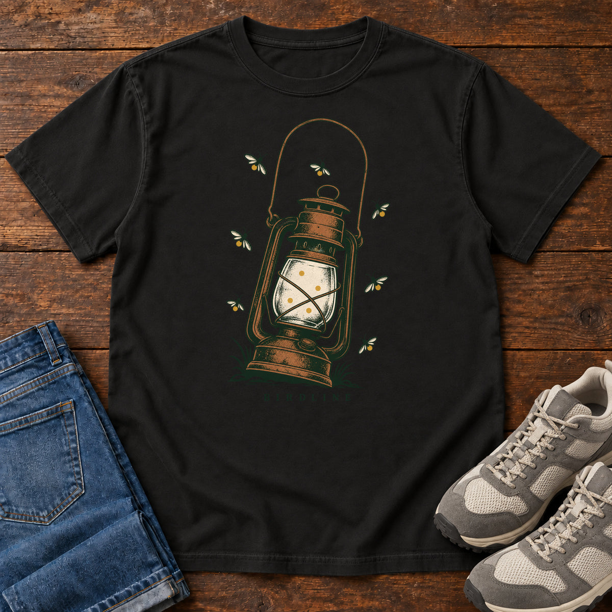 Lantern and Fireflies T-Shirt in Black, front view