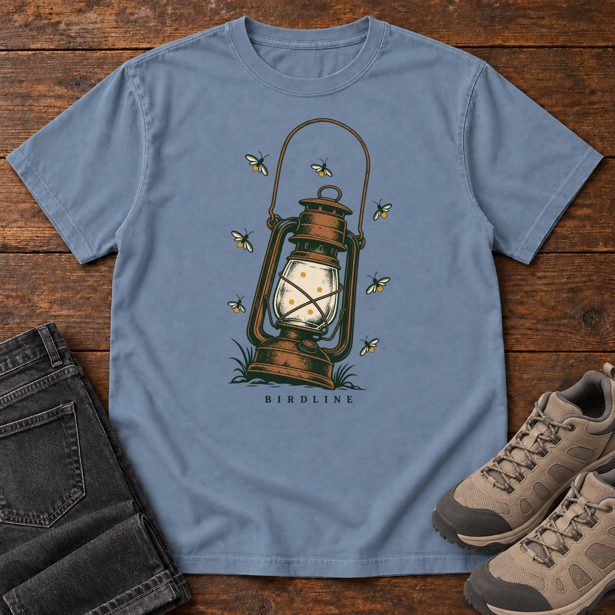 Lantern and Fireflies T-Shirt in Blue Jean, front view