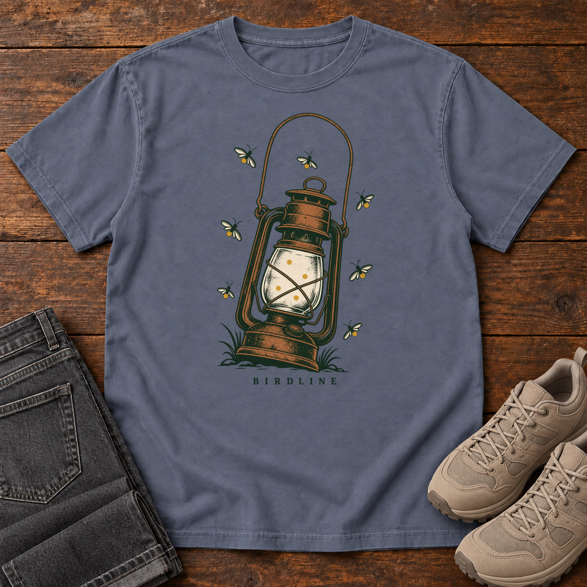 Lantern and Fireflies T-Shirt in Denim, front view