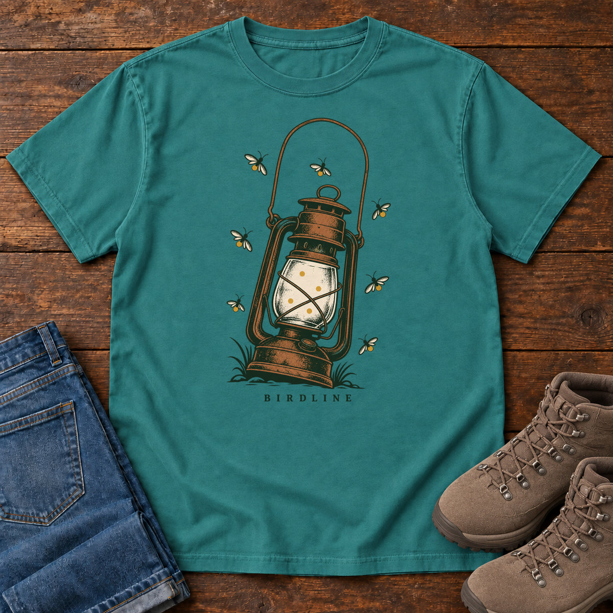 Lantern and Fireflies T-Shirt in Emerald, front view