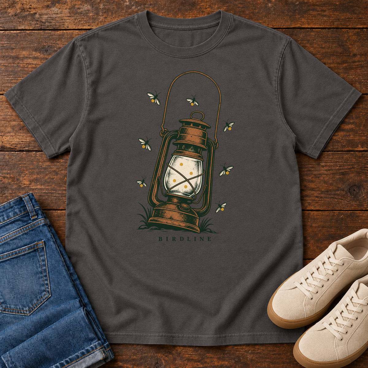 Lantern and Fireflies T-Shirt in Graphite, front view