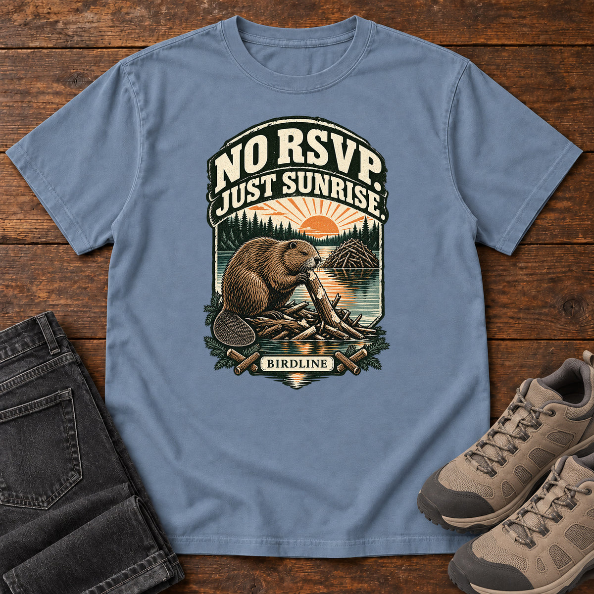 No RSVP Just Sunrise Beaver T-Shirt in Blue Jean