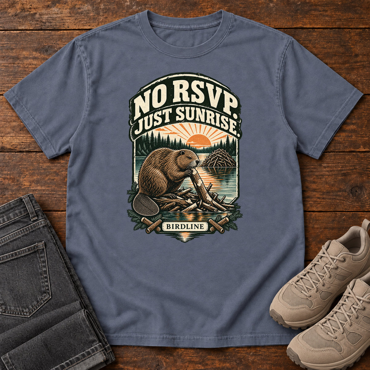No RSVP Just Sunrise Beaver T-Shirt in Denim