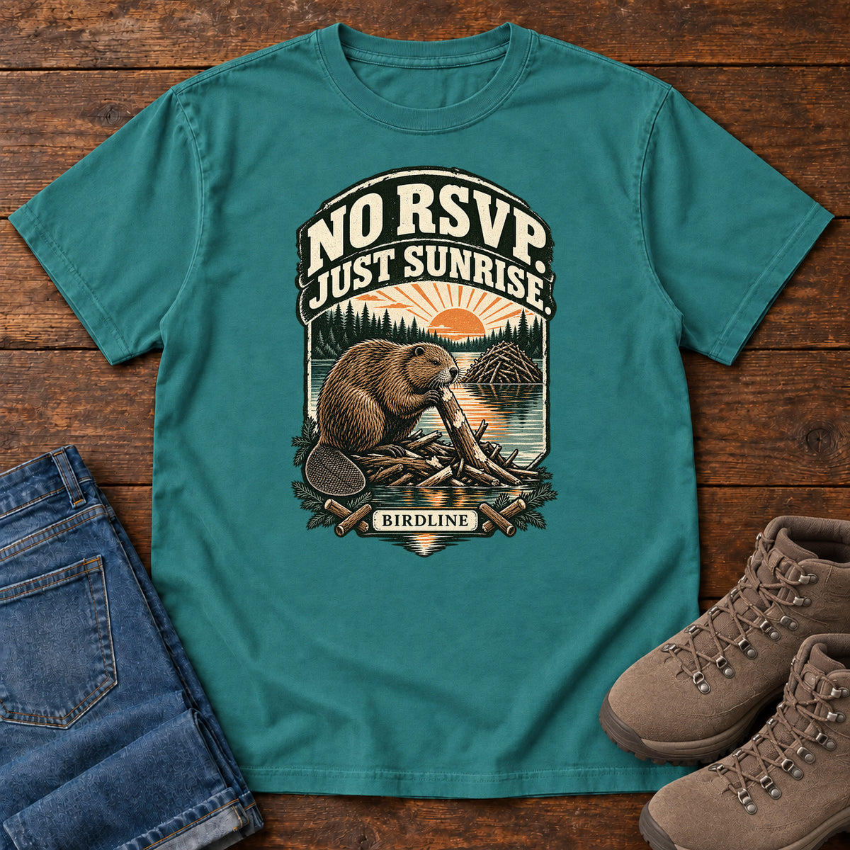 No RSVP Just Sunrise Beaver T-Shirt in Emerald