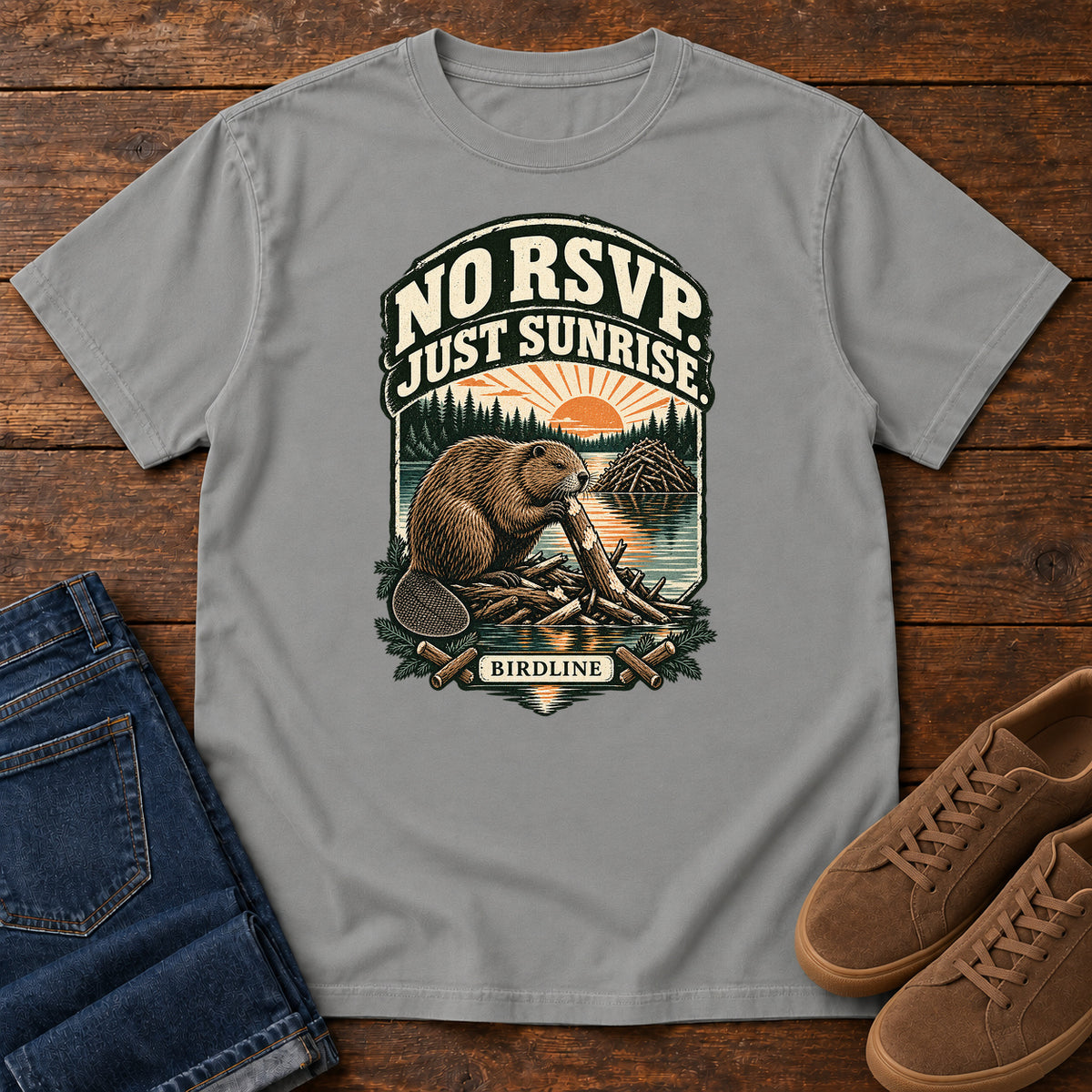No RSVP Just Sunrise Beaver T-Shirt in Grey