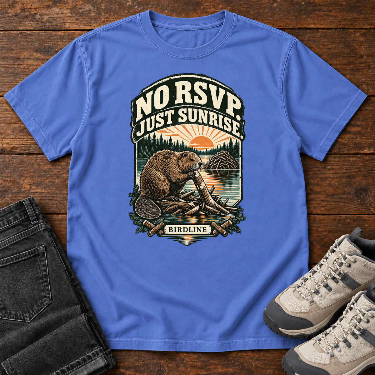 No RSVP Just Sunrise Beaver T-Shirt in Mystic Blue