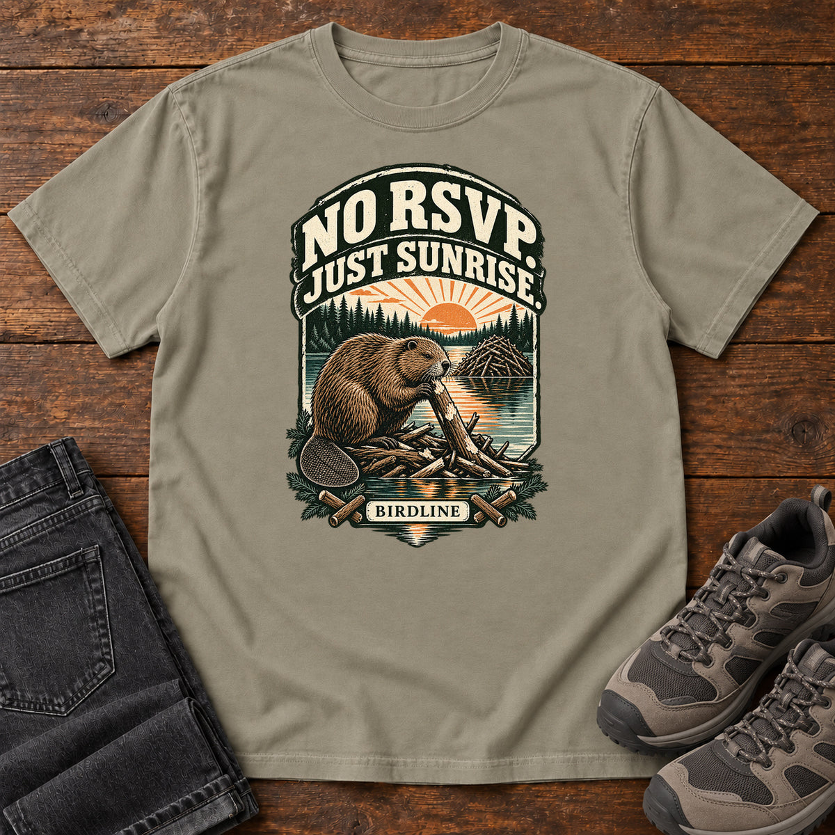 No RSVP Just Sunrise Beaver T-Shirt in Sandstone