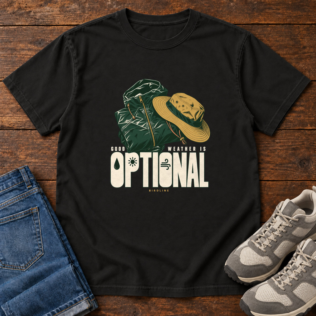 Good Weather Is Optional T-Shirt in Black, front laid flat on wood, featuring a green hiking backpack and yellow brimmed hat above cream slogan lettering.