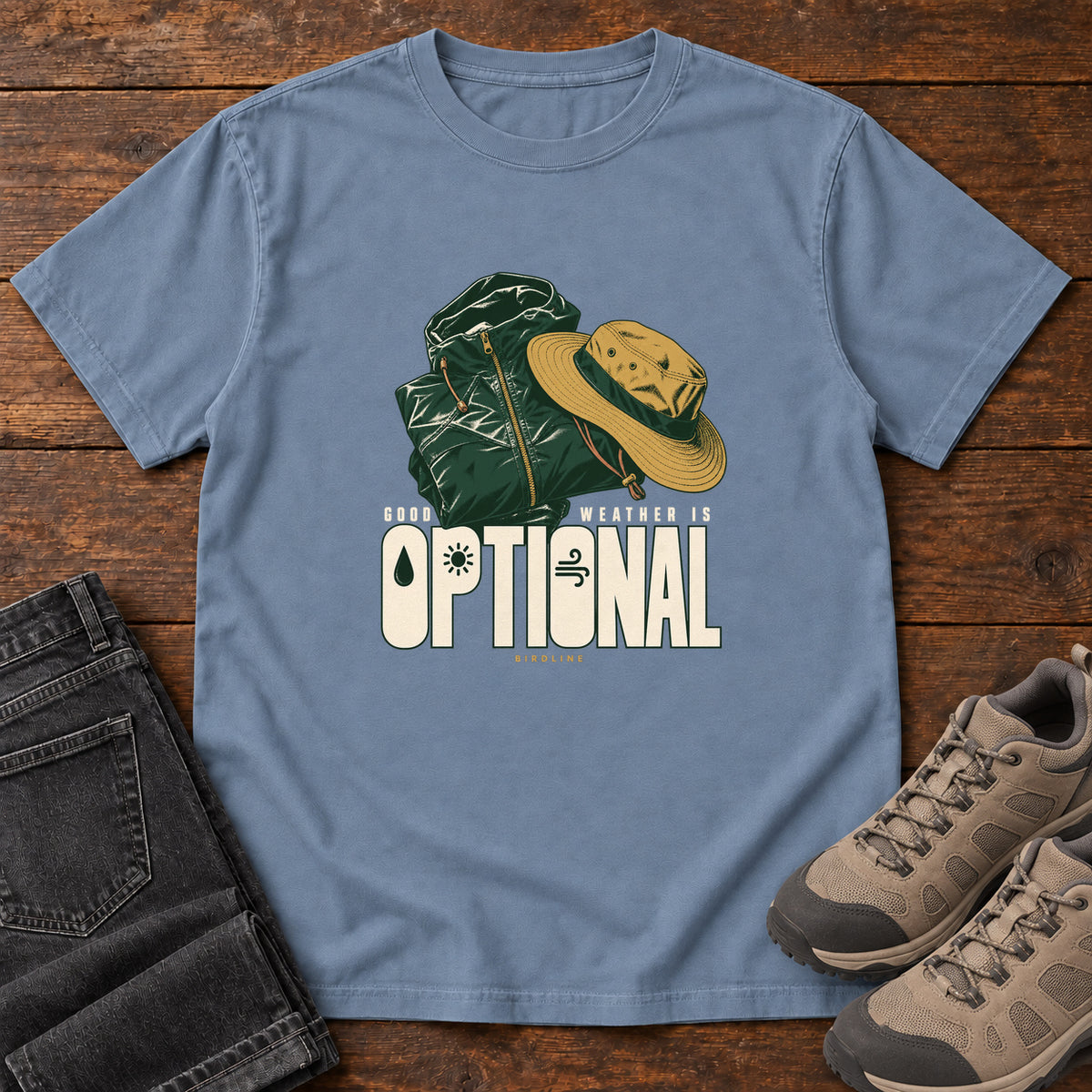 Good Weather Is Optional T-Shirt in Blue Jean, front laid flat on wood, featuring a green hiking backpack and yellow brimmed hat above cream slogan lettering.