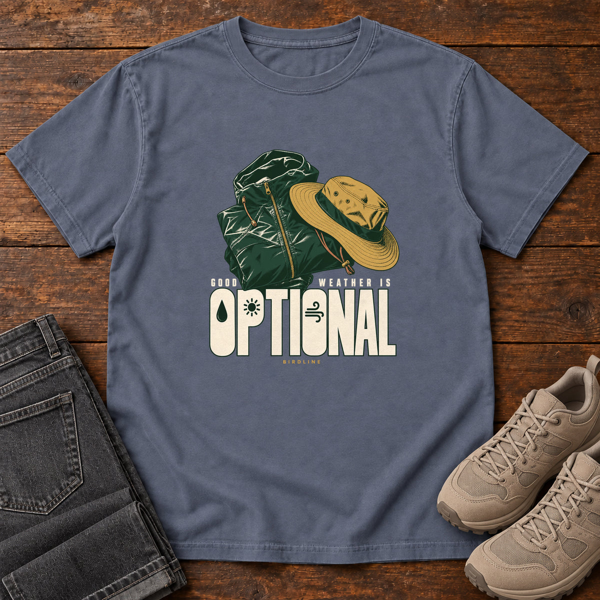 Good Weather Is Optional T-Shirt in Denim, front laid flat on wood, featuring a green hiking backpack and yellow brimmed hat above cream slogan lettering.