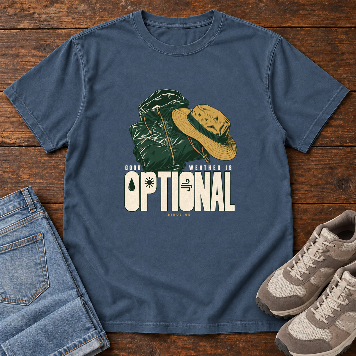 Good Weather Is Optional T-Shirt in Midnight, front laid flat on wood, featuring a green hiking backpack and yellow brimmed hat above cream slogan lettering.