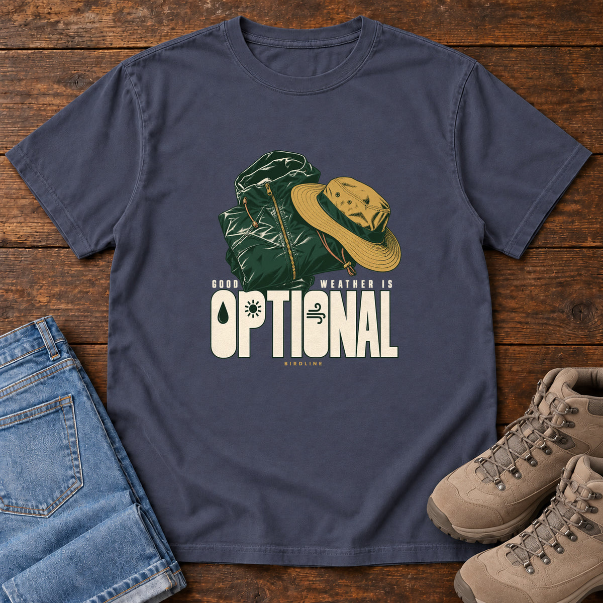 Good Weather Is Optional T-Shirt in Navy, front laid flat on wood, featuring a green hiking backpack and yellow brimmed hat above cream slogan lettering.