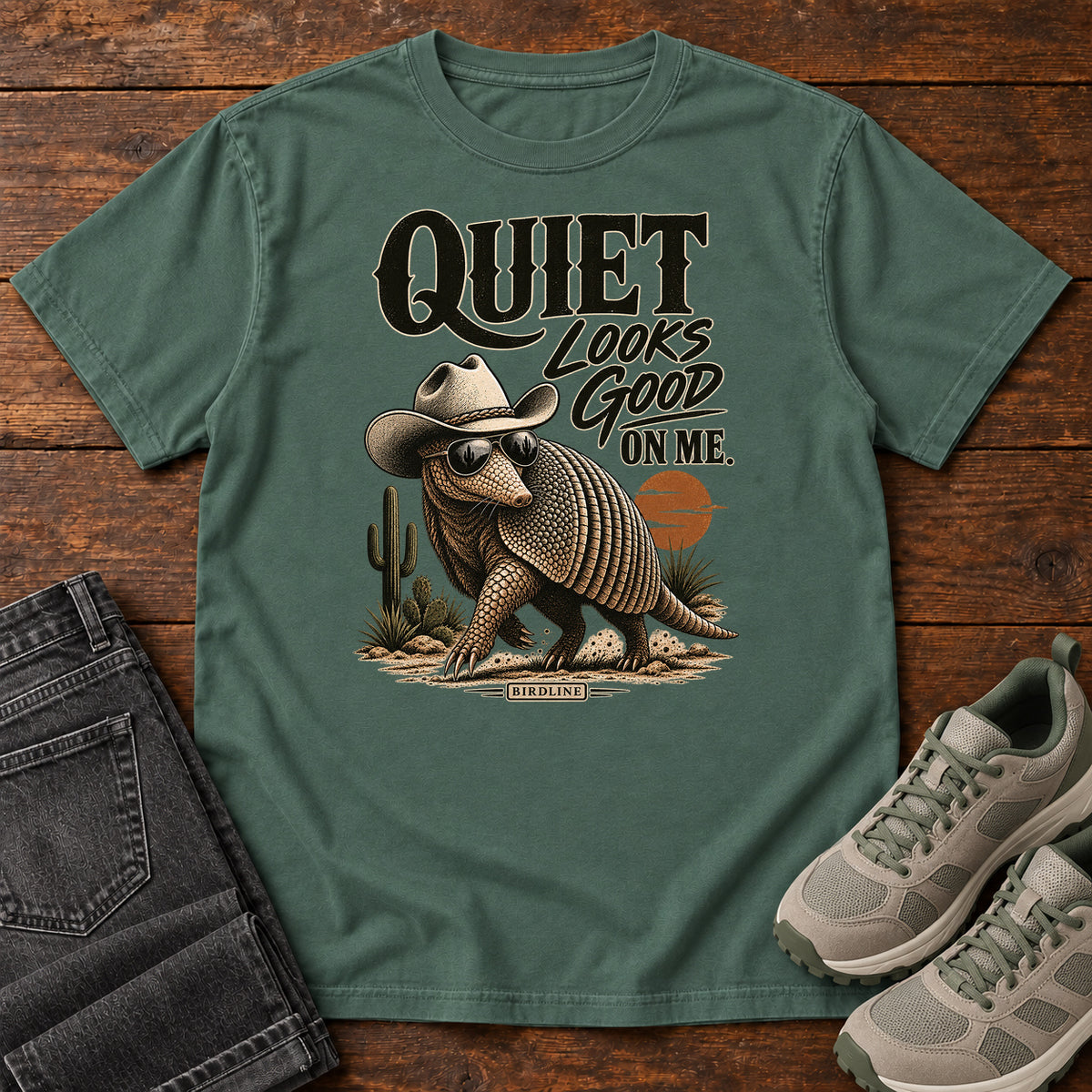 Quiet Looks Good on Me Armadillo T-Shirt in Blue Spruce