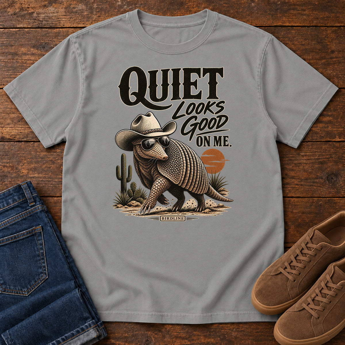 Quiet Looks Good on Me Armadillo T-Shirt in Grey