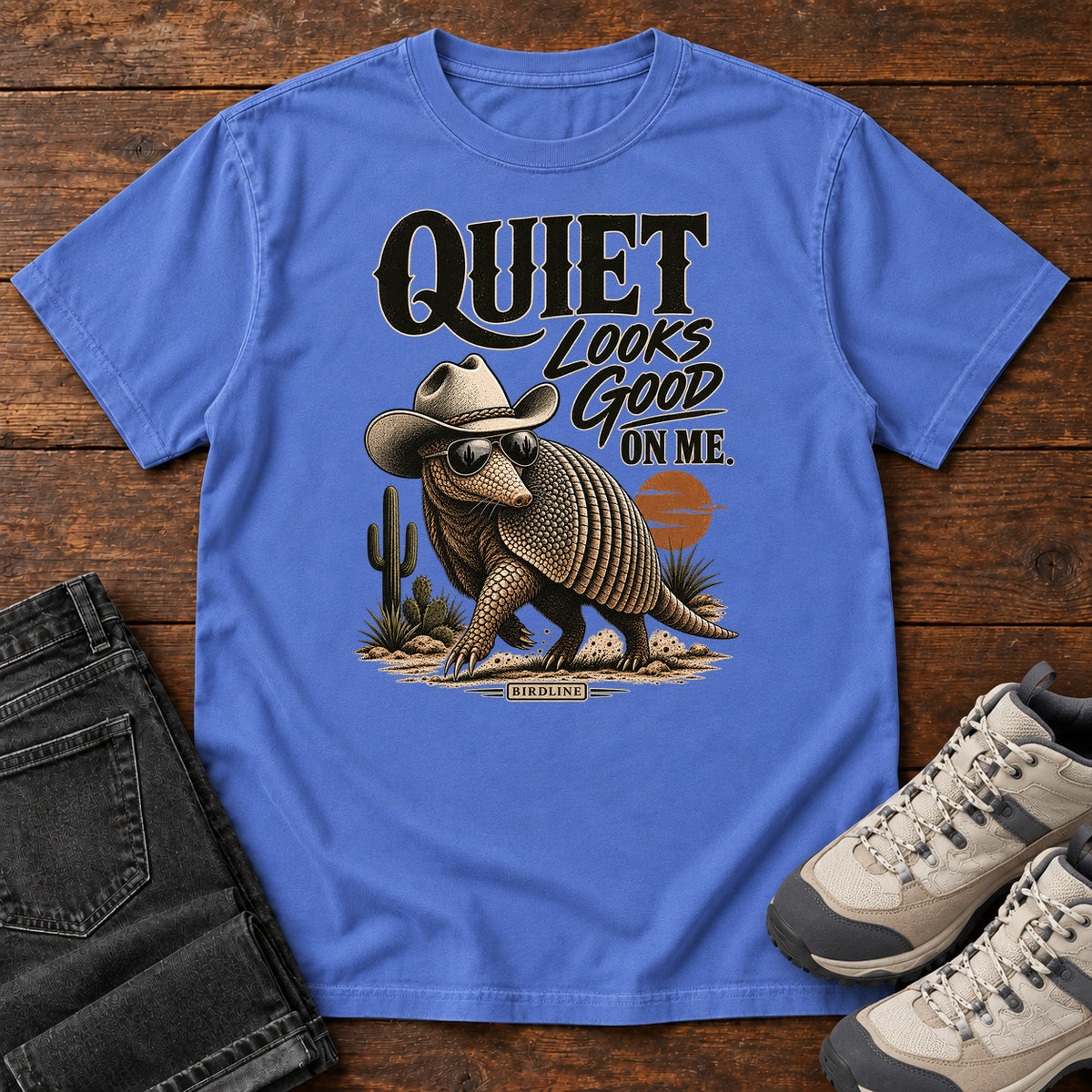 Quiet Looks Good on Me Armadillo T-Shirt in Mystic Blue