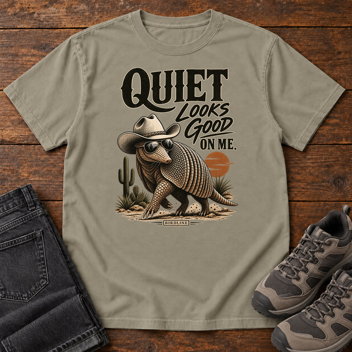 Quiet Looks Good on Me Armadillo T-Shirt in Sandstone