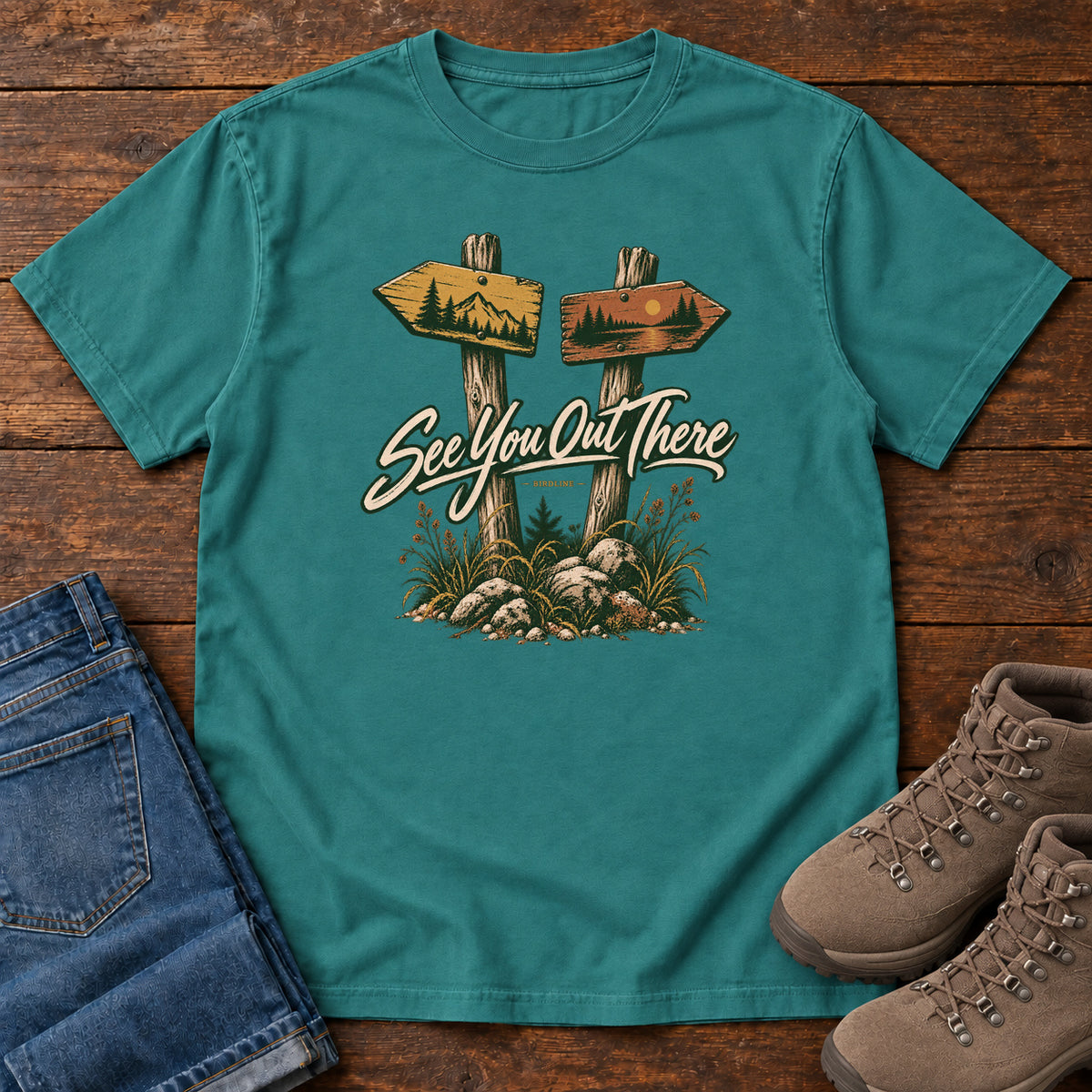 Emerald See You Out There T-Shirt with two illustrated trail signposts, rocks, grass and cream script, front flat lay on wood.