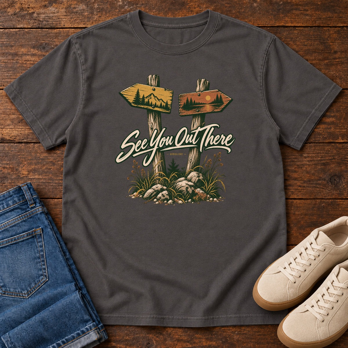 Graphite See You Out There T-Shirt with two illustrated trail signposts, rocks, grass and cream script, front flat lay on wood.