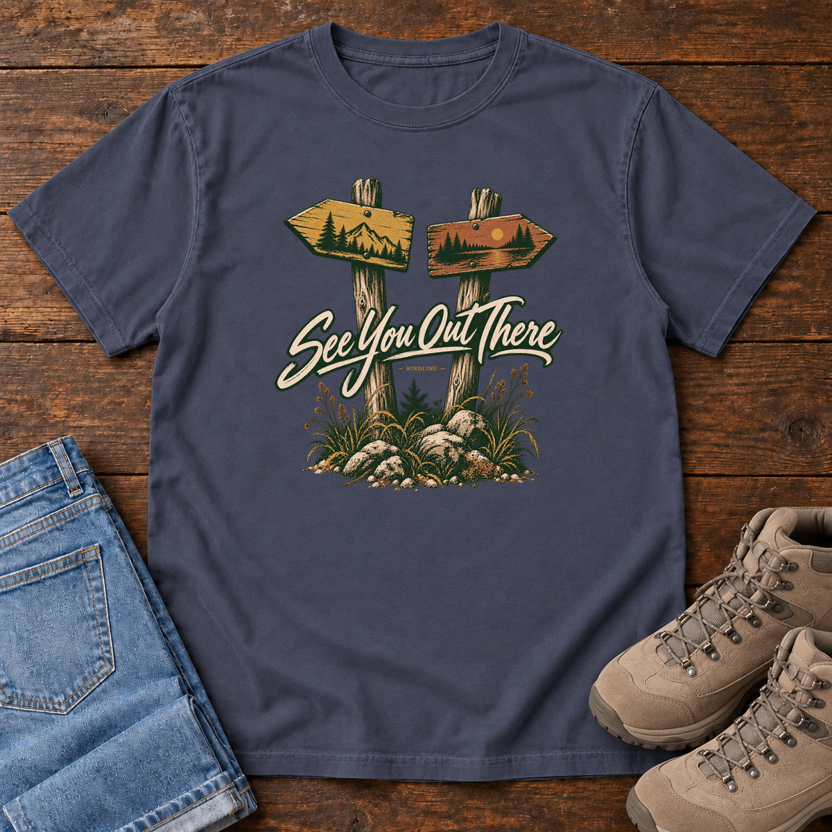 Navy See You Out There T-Shirt with two illustrated trail signposts, rocks, grass and cream script, front flat lay on wood.