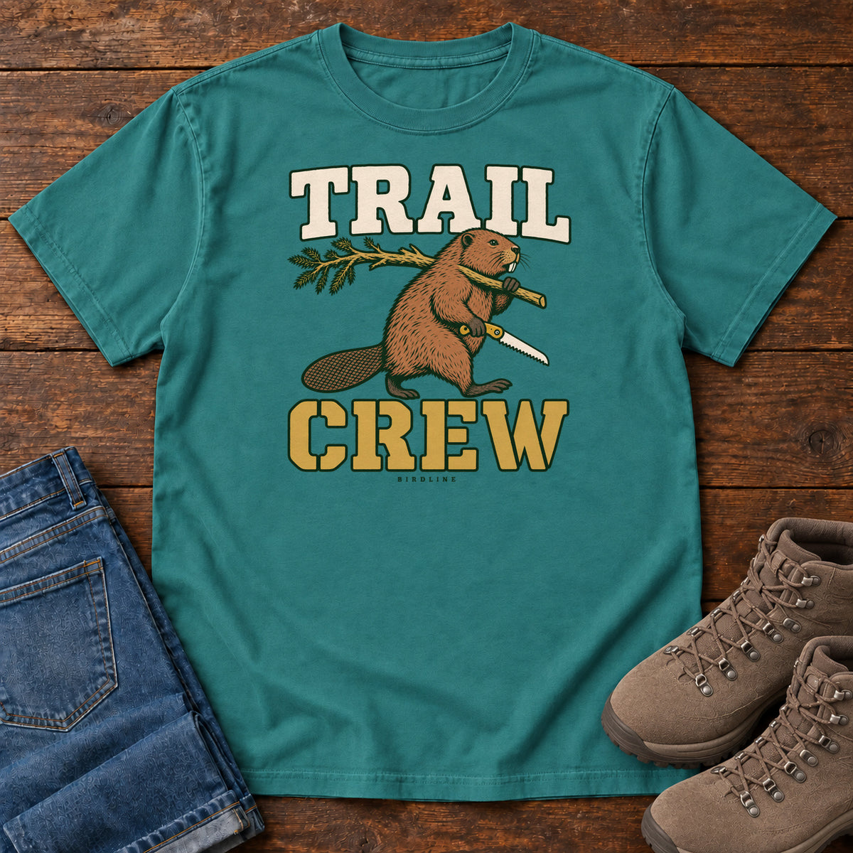 Emerald Trail Crew Foreman T-Shirt with a beaver carrying a leafy branch and saw beneath Trail Crew lettering; front flat lay on wood.
