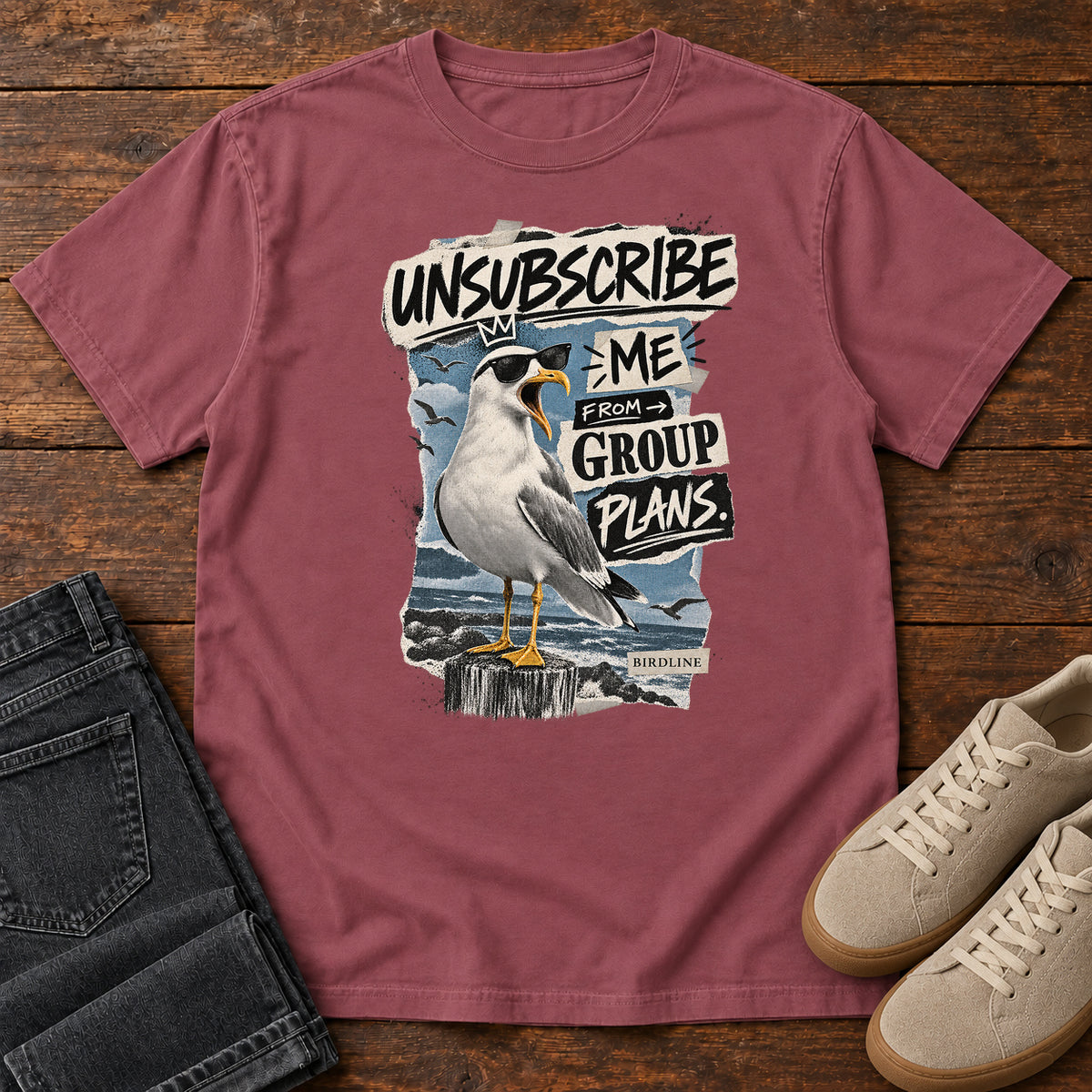 Unsubscribe Me from Group Plans Gull T-Shirt in Brick
