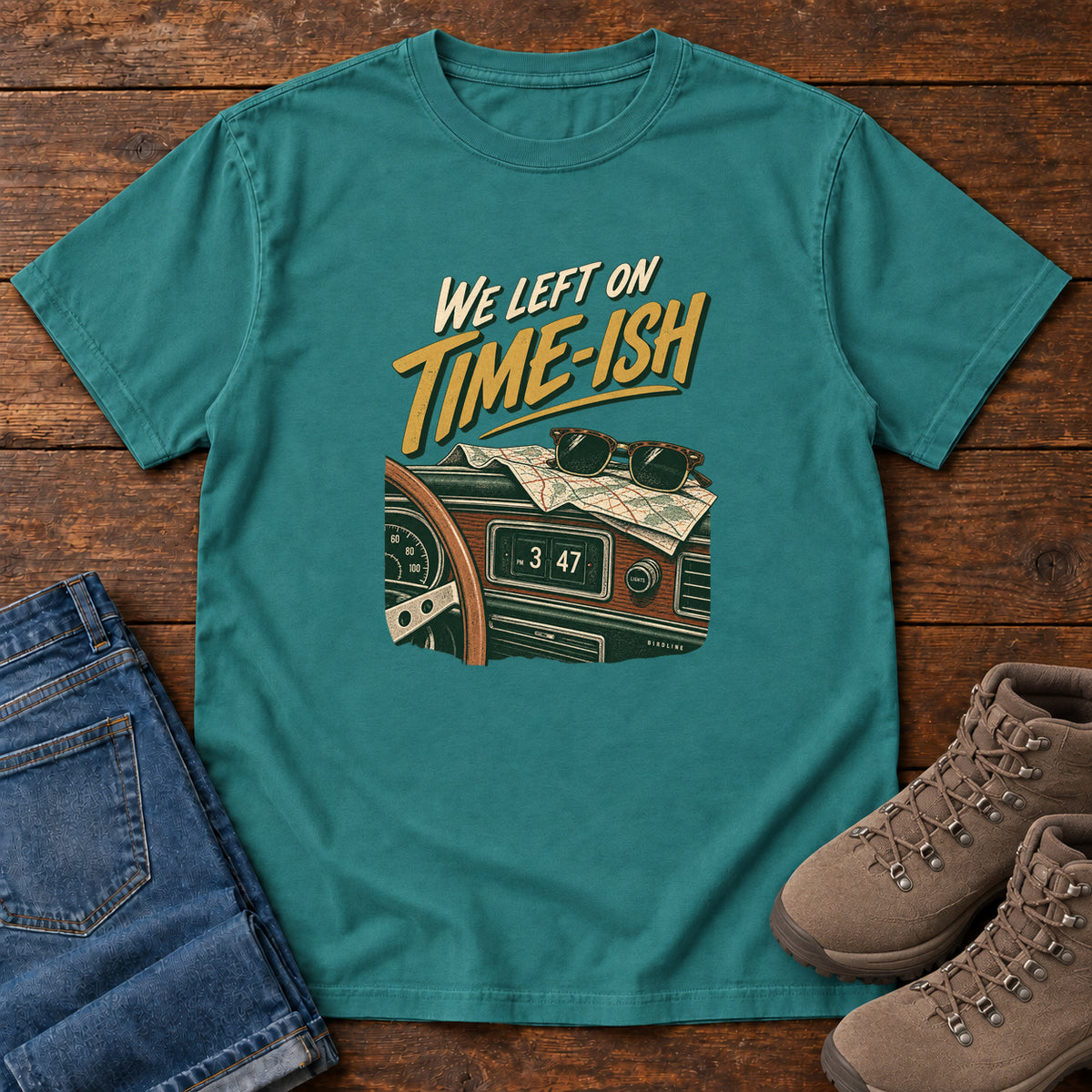 Emerald We Left on Time-Ish T-Shirt with a retro dashboard, folded map and sunglasses; front flat lay on wood.