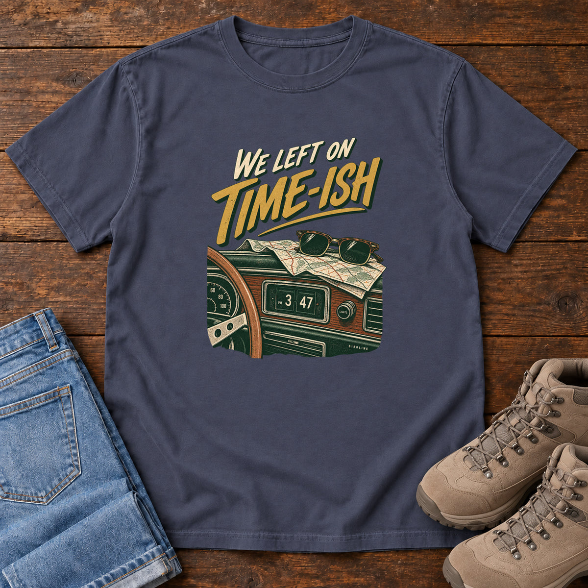Navy We Left on Time-Ish T-Shirt with a retro dashboard, folded map and sunglasses; front flat lay on wood.