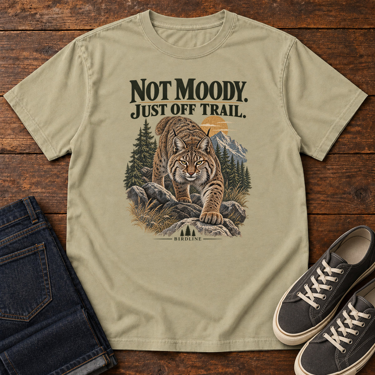 Not Moody Just Off Trail Lynx T-Shirt in Khaki