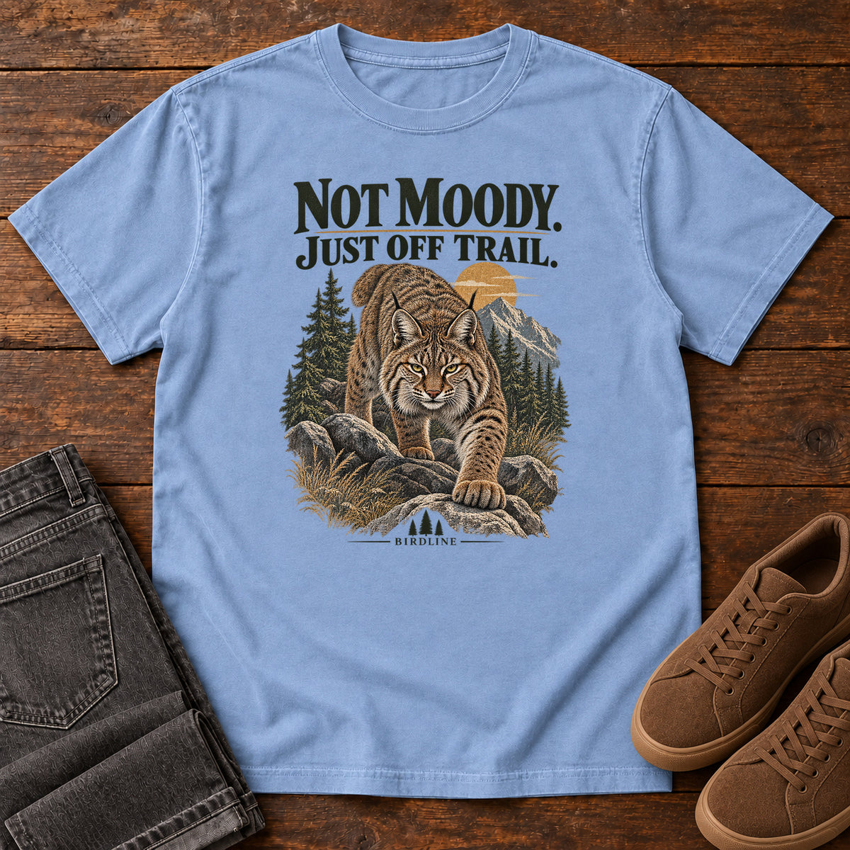 Not Moody Just Off Trail Lynx T-Shirt in Washed Denim
