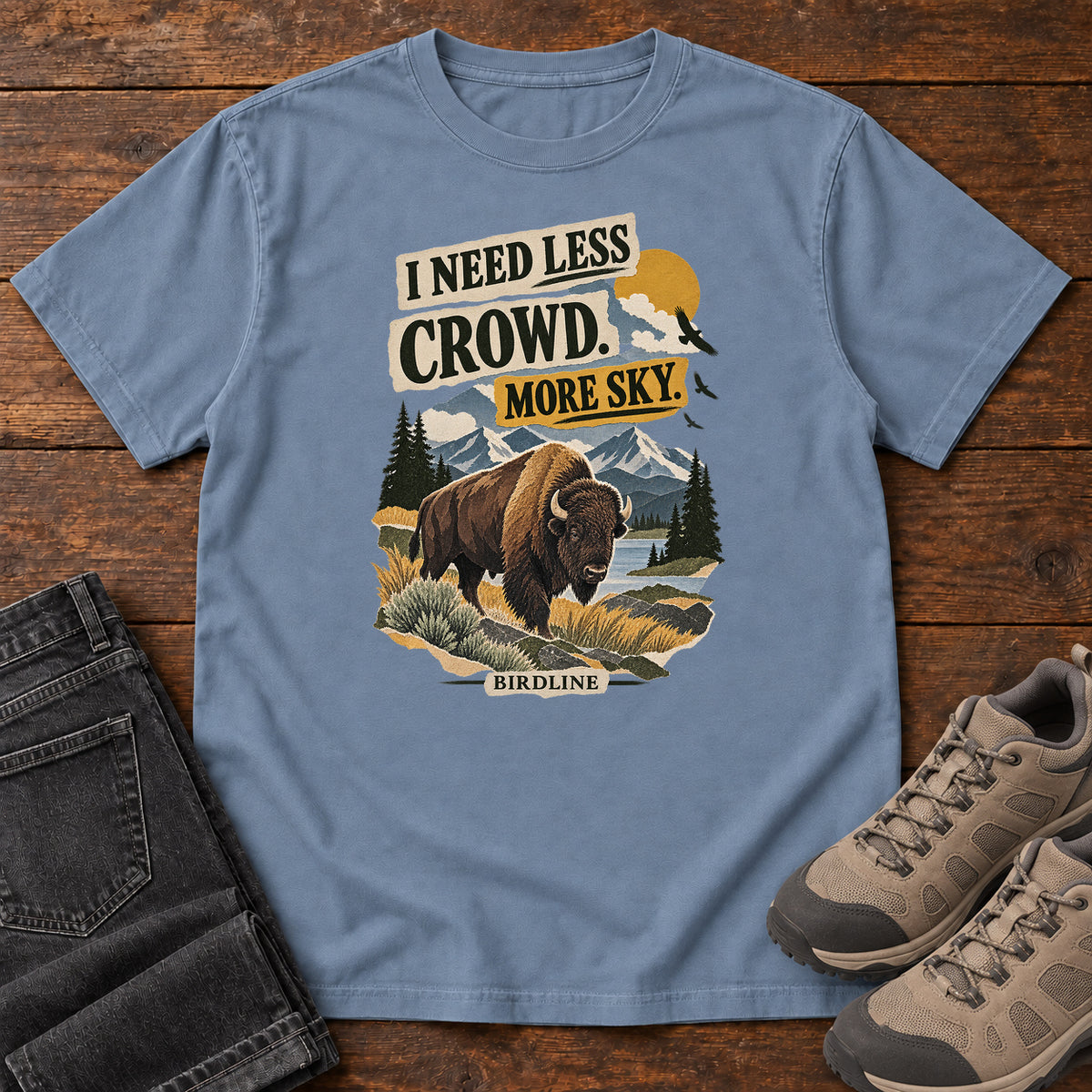 I Need Less Crowd More Sky Bison T-Shirt in Blue Jean