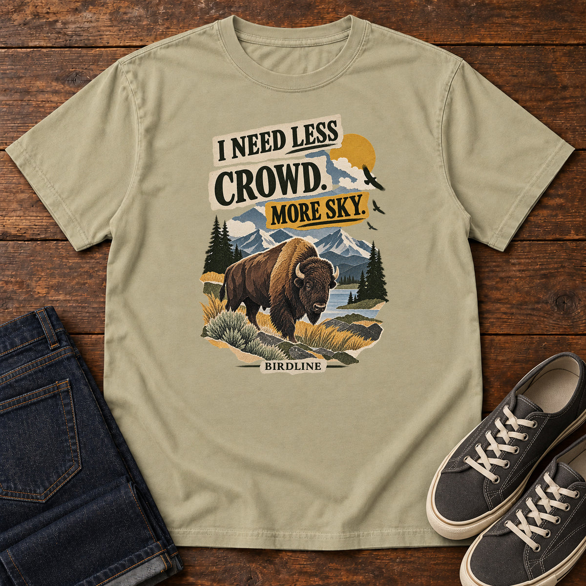 I Need Less Crowd More Sky Bison T-Shirt in Khaki