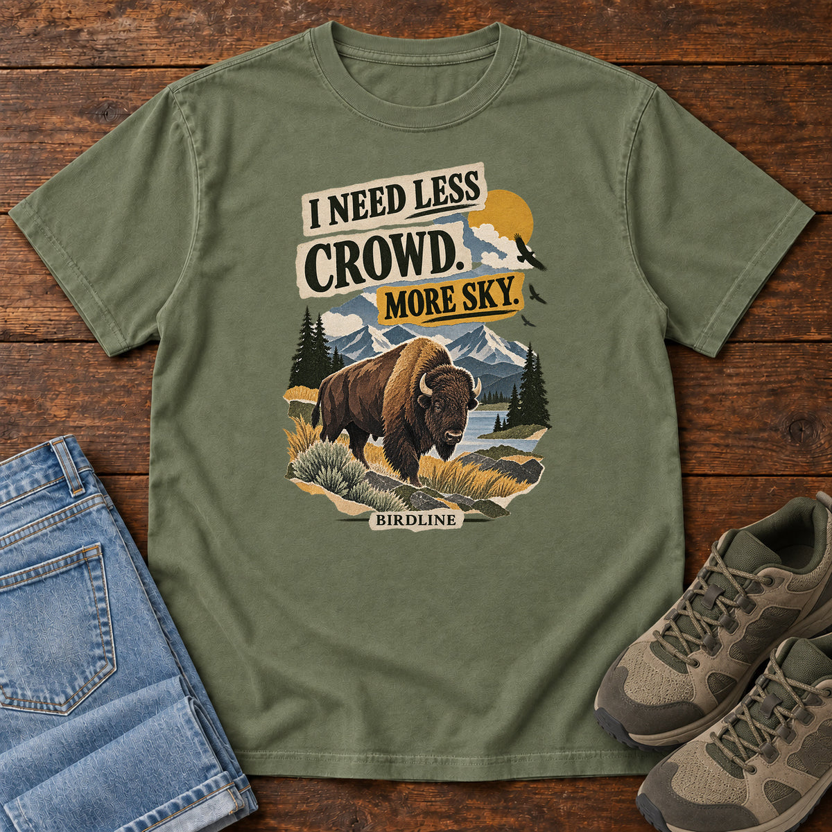 I Need Less Crowd More Sky Bison T-Shirt in Moss