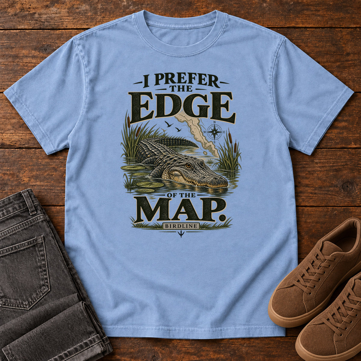 I Prefer the Edge of the Map Alligator T-Shirt in Washed Denim