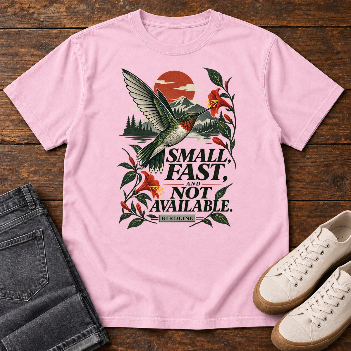 Small Fast and Not Available Hummingbird T-Shirt in Blossom