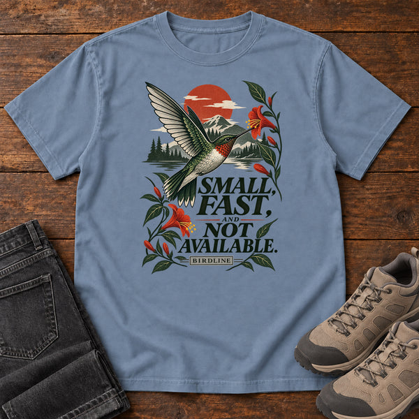 Small Fast and Not Available Hummingbird T-Shirt in Blue Jean, front view