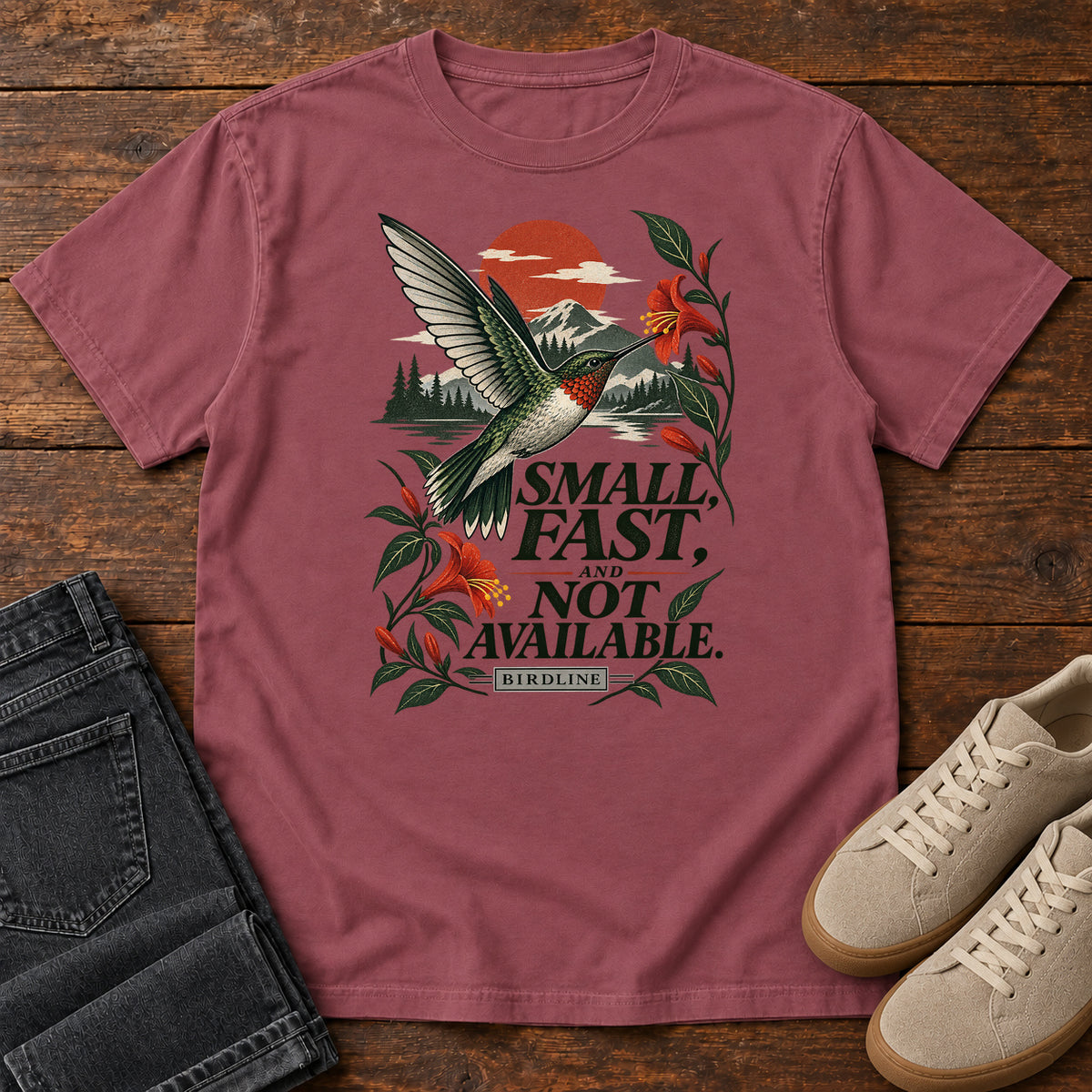 Small Fast and Not Available Hummingbird T-Shirt in Brick