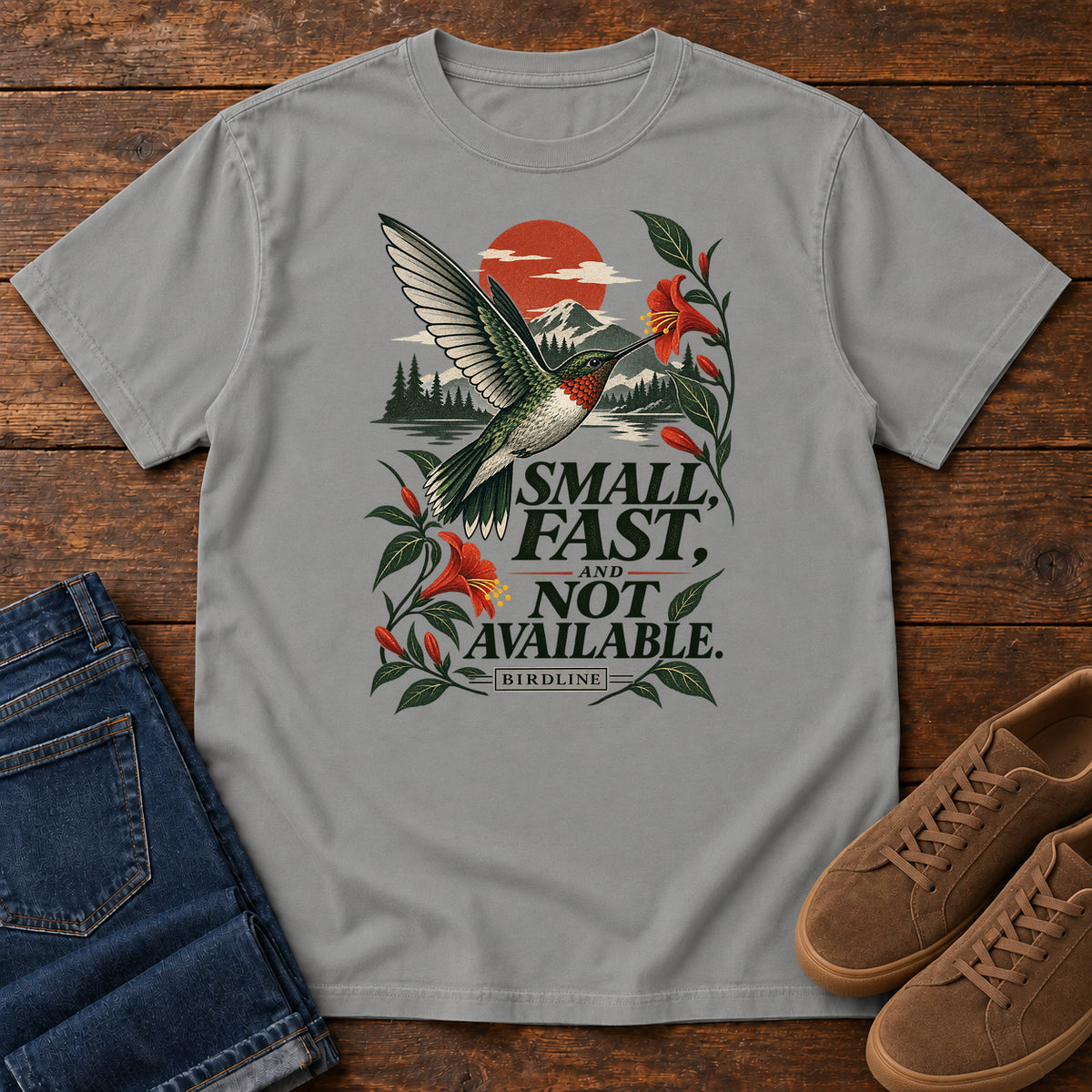 Small Fast and Not Available Hummingbird T-Shirt in Grey