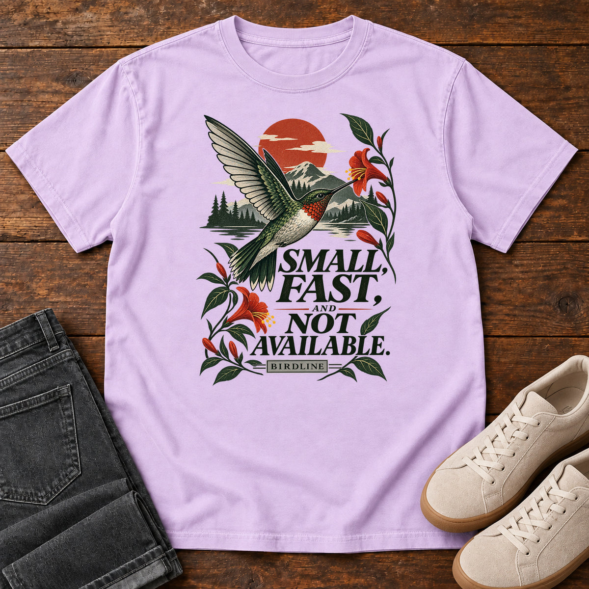 Small Fast and Not Available Hummingbird T-Shirt in Orchid